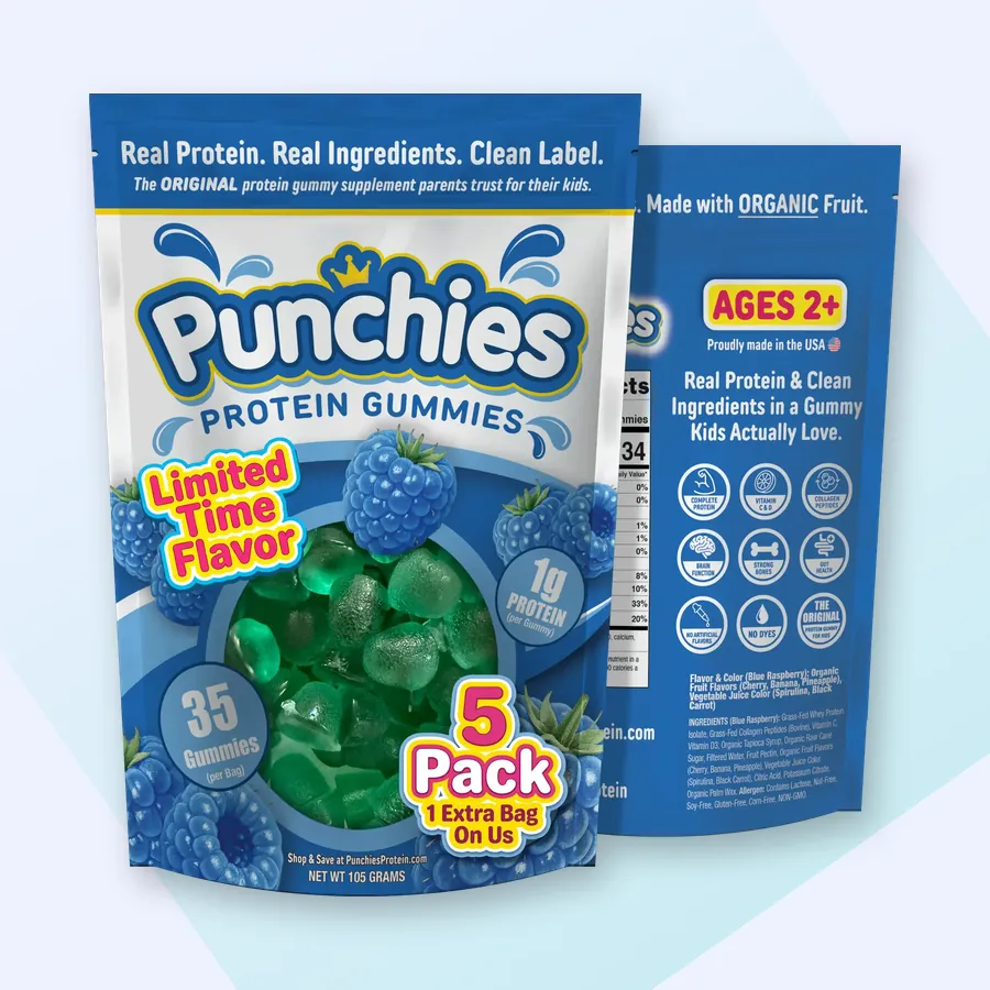 Protein gummy: Punchies blue raspberry (limited flavor) protein gummies, 5-bag pack