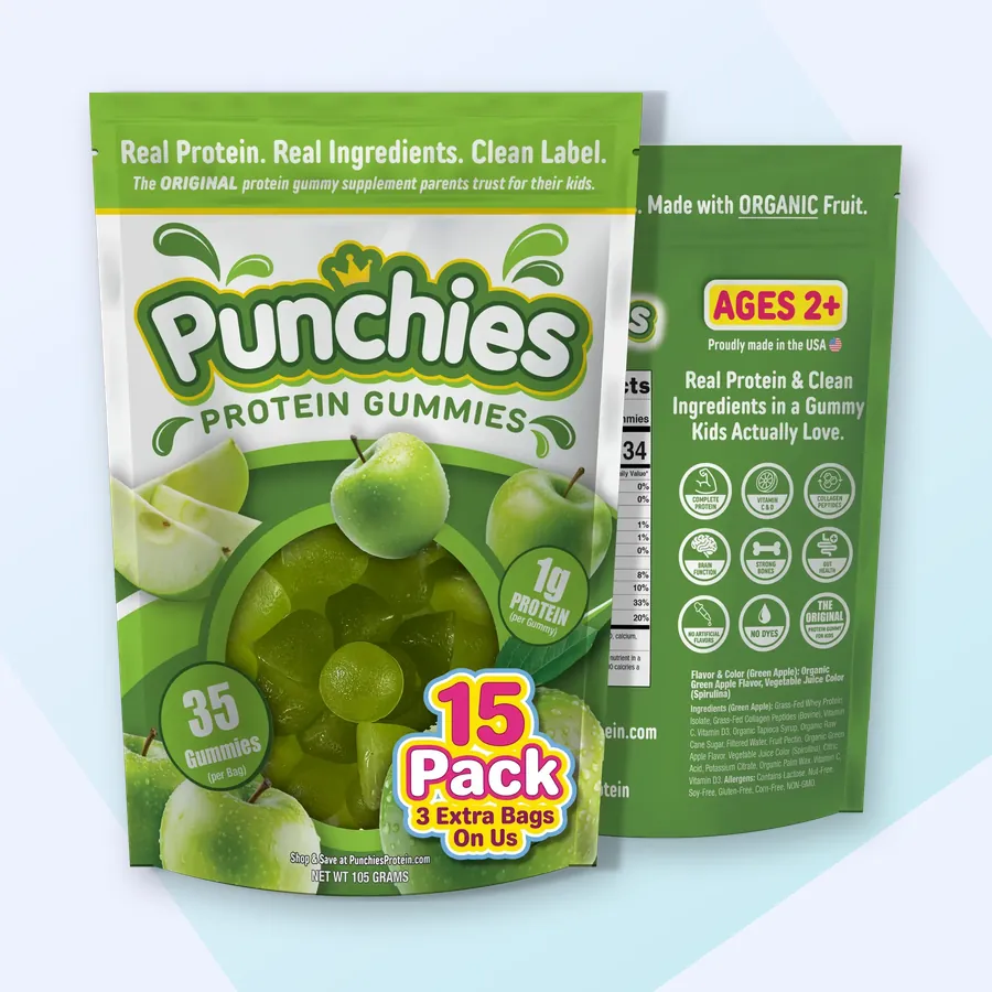 Protein gummy: Punchies green apple protein gummies, 15-bag pack