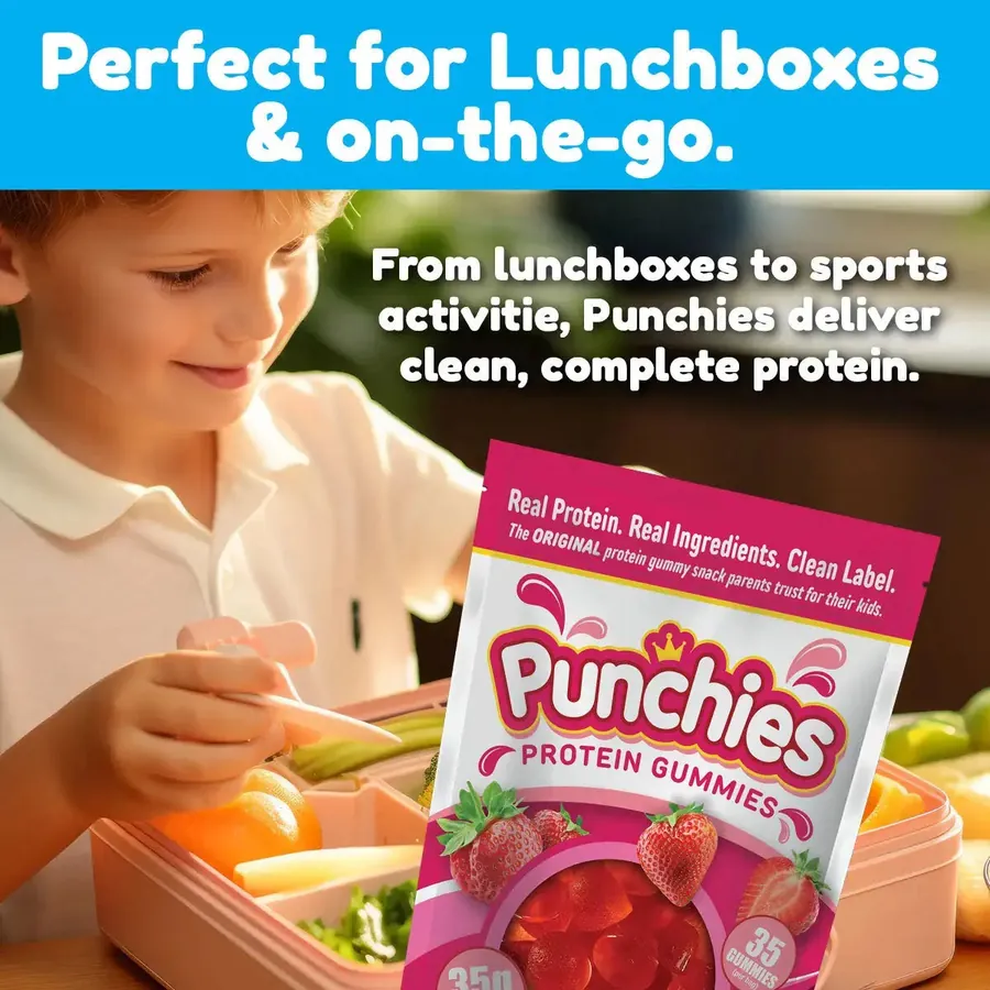 Protein gummy: Punchies protein gummies packed for lunchboxes and on-the-go snacks
