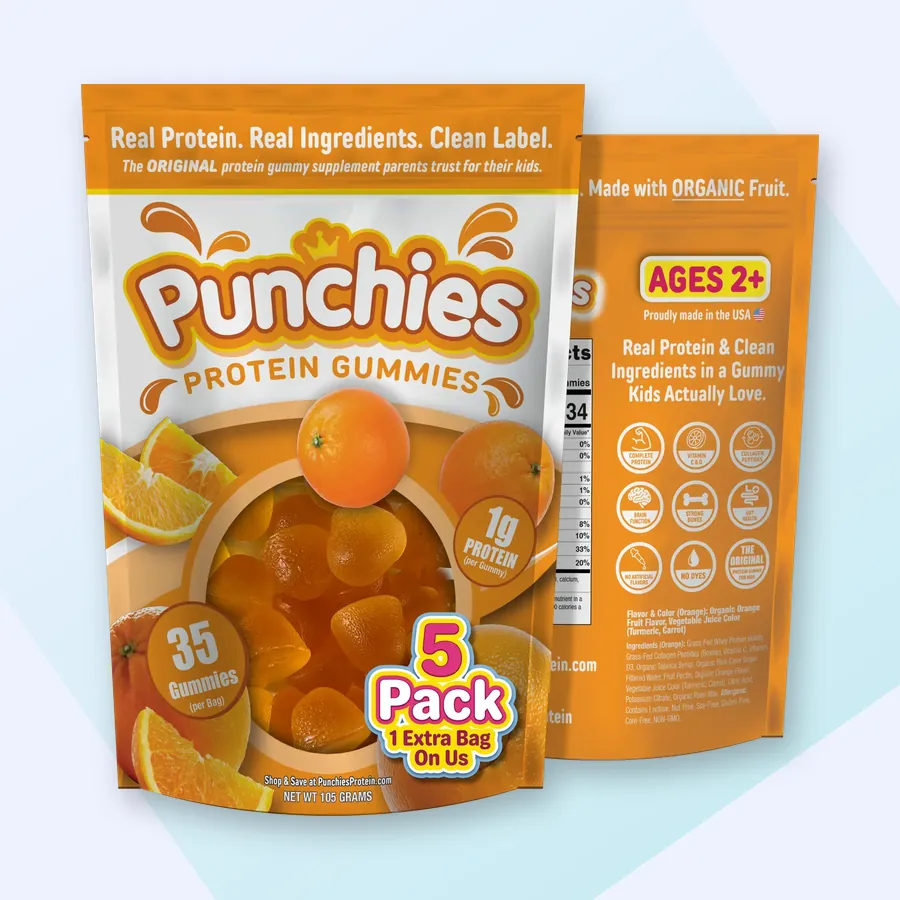 Protein gummy: Punchies orange protein gummies, 5-bag pack