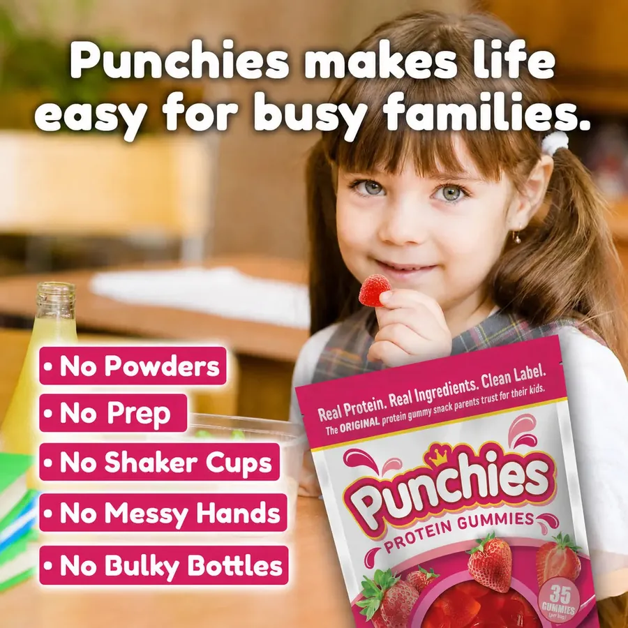 Protein gummy: a child enjoying Punchies protein gummies, with no powders, no prep and no shaker cups